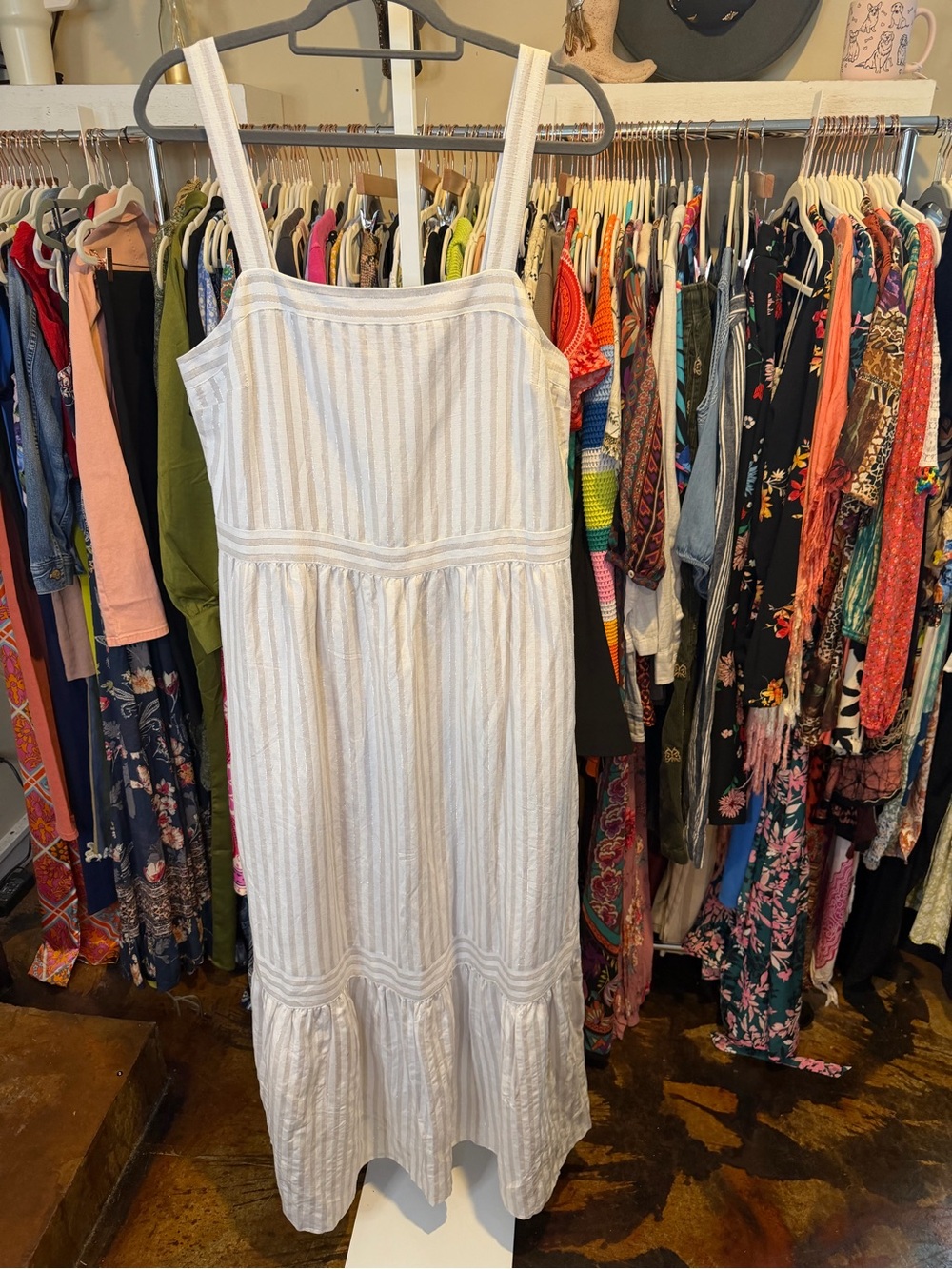 NWT LOFT Shimmer Striped White and Light Gray Maxi Linen Blend Dress - Picture 5 of 8